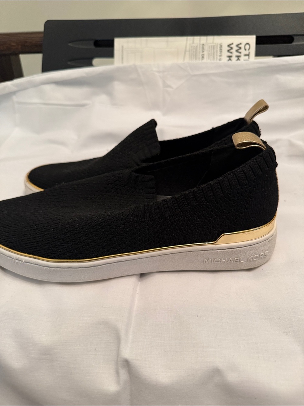 Michael Kors Black Knit Slip-On Sneakers with Gold Trim
